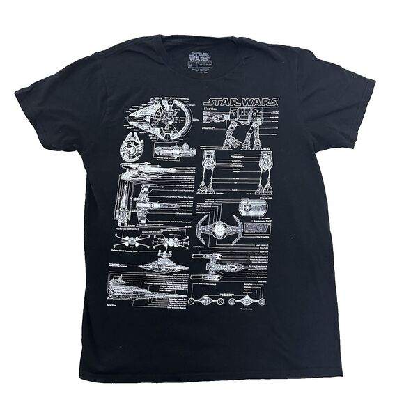 Star Wars Mens Medium Graphic T-Shirt Black Cotton Ships Blueprint‎ SciFi Tee - Picture 1 of 7